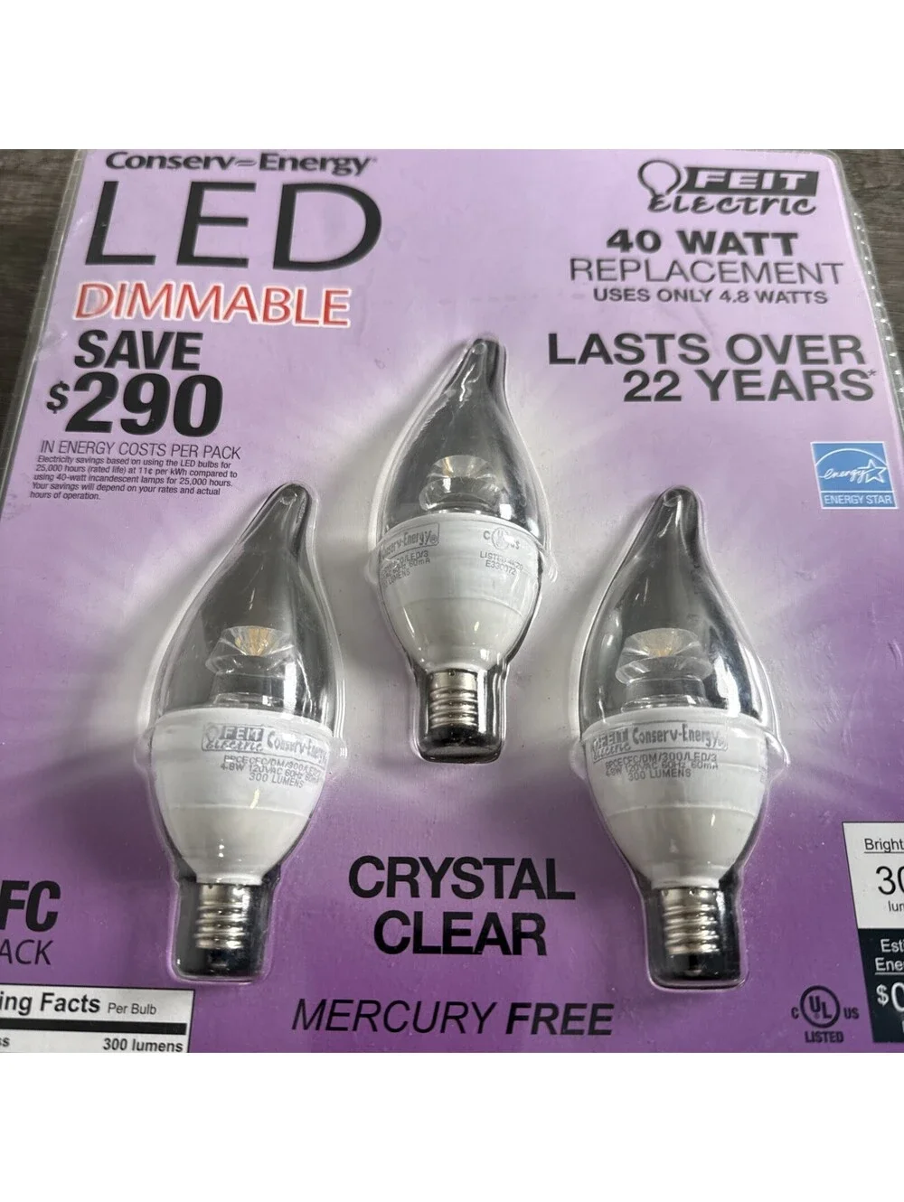 Felt Electric LED Dimmable 40W Crystal Clear Candelabra Base Bulbs 3Pk
